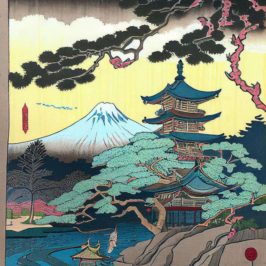 Fantasy Digital Art - Japanese  Landcape    intricate  zen  art  Ukiyo  e  ja  by Asar Studios #12 by Celestial Images