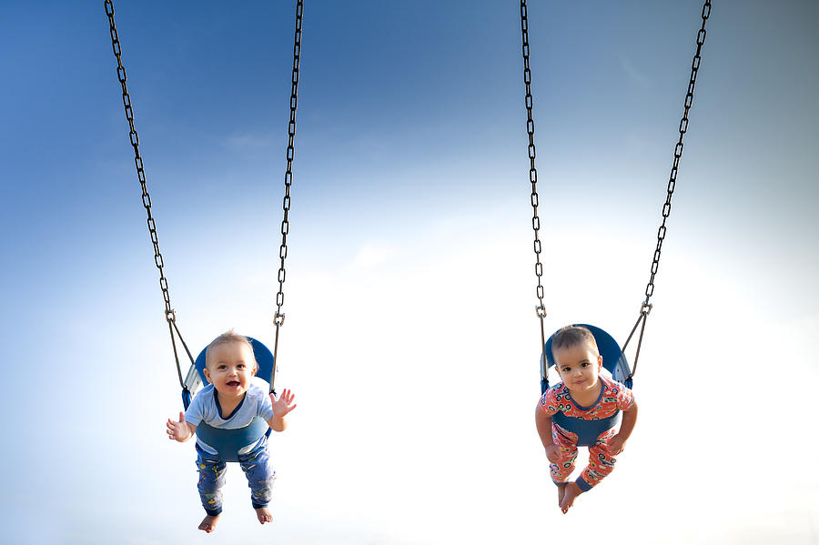 12 Month Old Fraternal Boys Swing in Pajamas at a Park Photograph by Jill Lehmann Photography