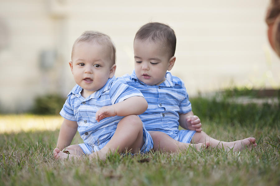 12 Month Old Fraternal Twins Sit on Grass at Home Together Photograph by Jill Lehmann Photography