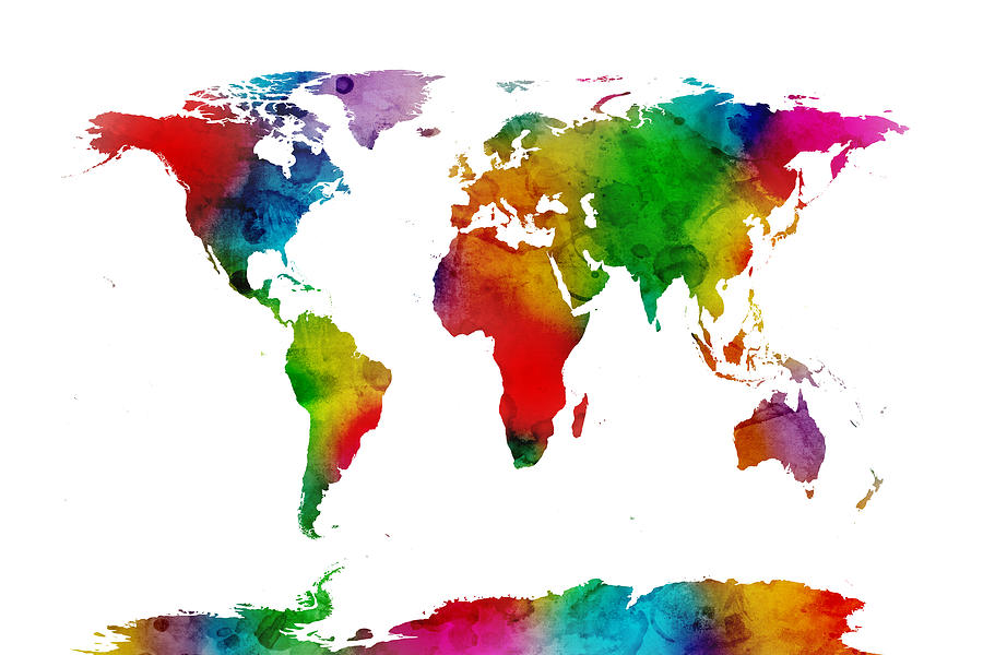 Watercolor Map of the World Map #12 Digital Art by Michael Tompsett