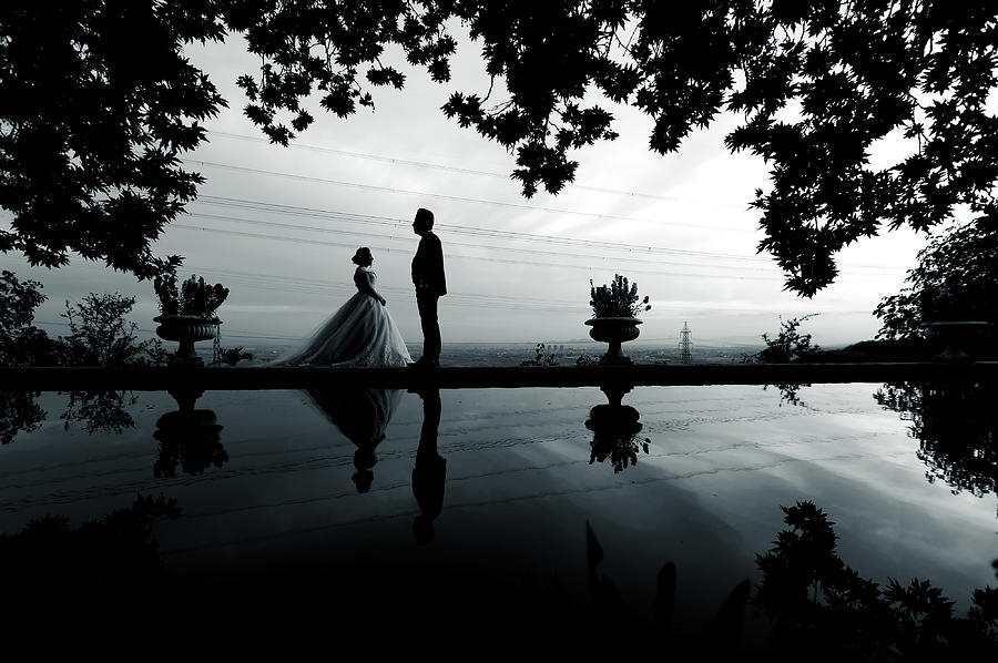 1229 Bride And Groom Facing Each Other Standing By Body Of Water Photograph