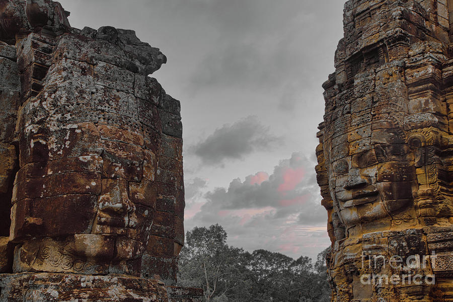 12th Century Stone Faces Temple Angkor Tom  Photograph by Chuck Kuhn
