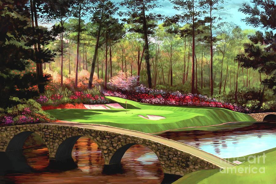 12th Painting - 12th hole golden bell Augusta national golf club bridges, 12th, hole Golden Bell Augusta National by Tim Gilliland