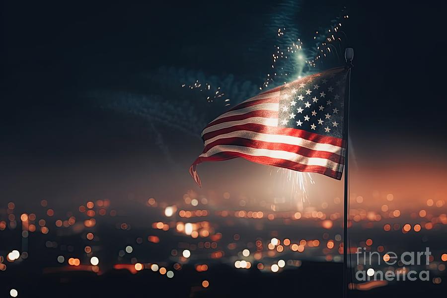 American flag waving in the night with fireworks #13 Digital Art by Benny Marty