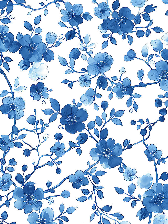 Flower Digital Art - Blue And White Floral Pattern #13 by Benameur Benyahia