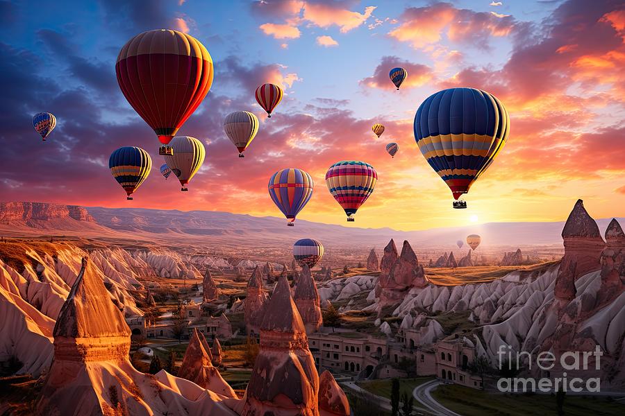 Cappadocia air balloons flying at sunset in Turkey #13 Digital Art by Benny Marty