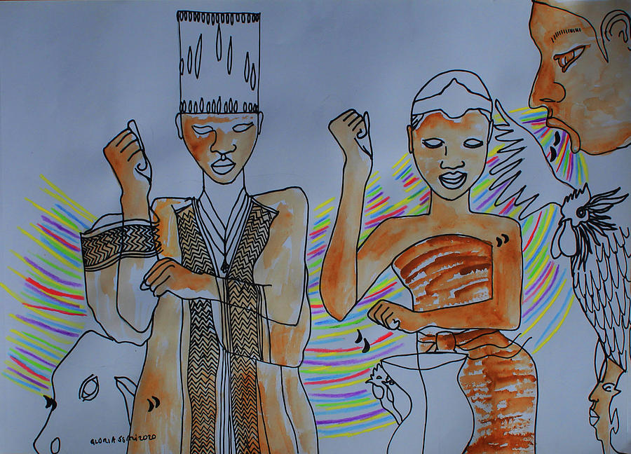 Kintu and Nambi Nambi Looks Back #13 Painting by Gloria Ssali