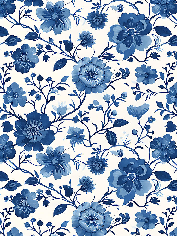 Flower Digital Art - Blue And White Floral Pattern #14 by Benameur Benyahia