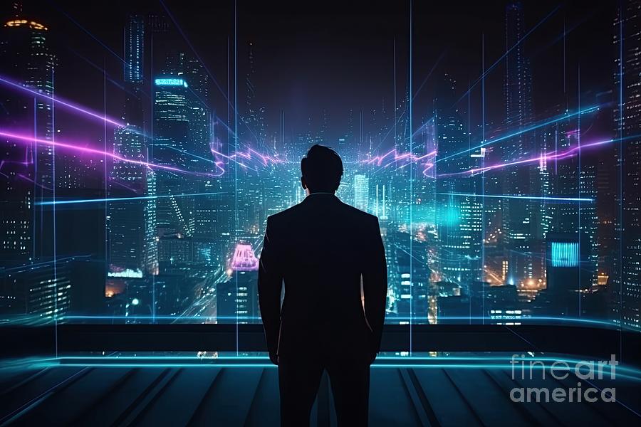 Businessman In A Futuristic City By Night #14 Digital Art by Benny Marty