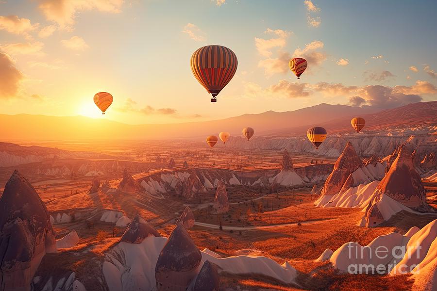 Cappadocia air balloons flying at sunset in Turkey #14 Digital Art by Benny Marty
