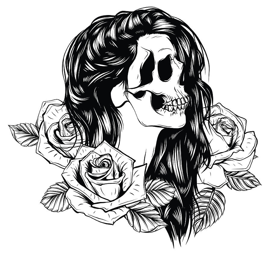 Girl with skeleton make up hand drawn vector sketch. Santa muerte woman ...
