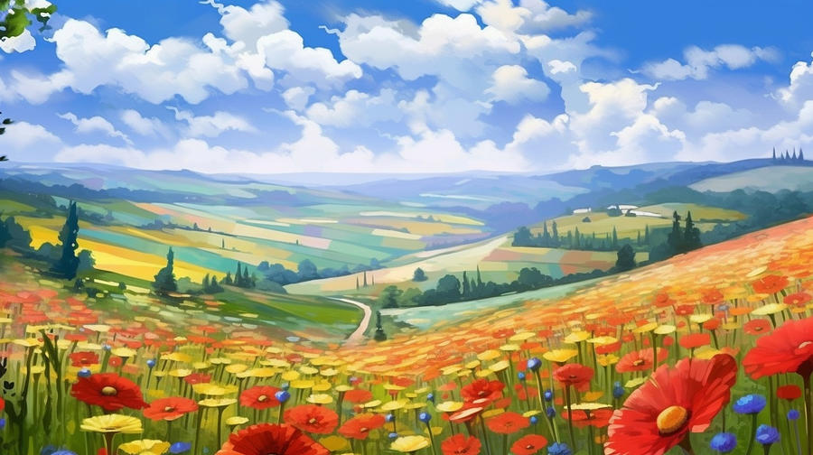 Stunning  Overlook  Sunny  Weather  Flower  Field  By Asar Studios Painting