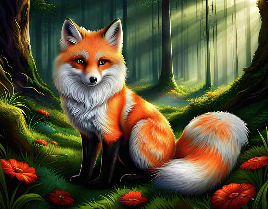 141-Adorable fluffy Mythical kitsune fox-1730 Mixed Media by Donald ...