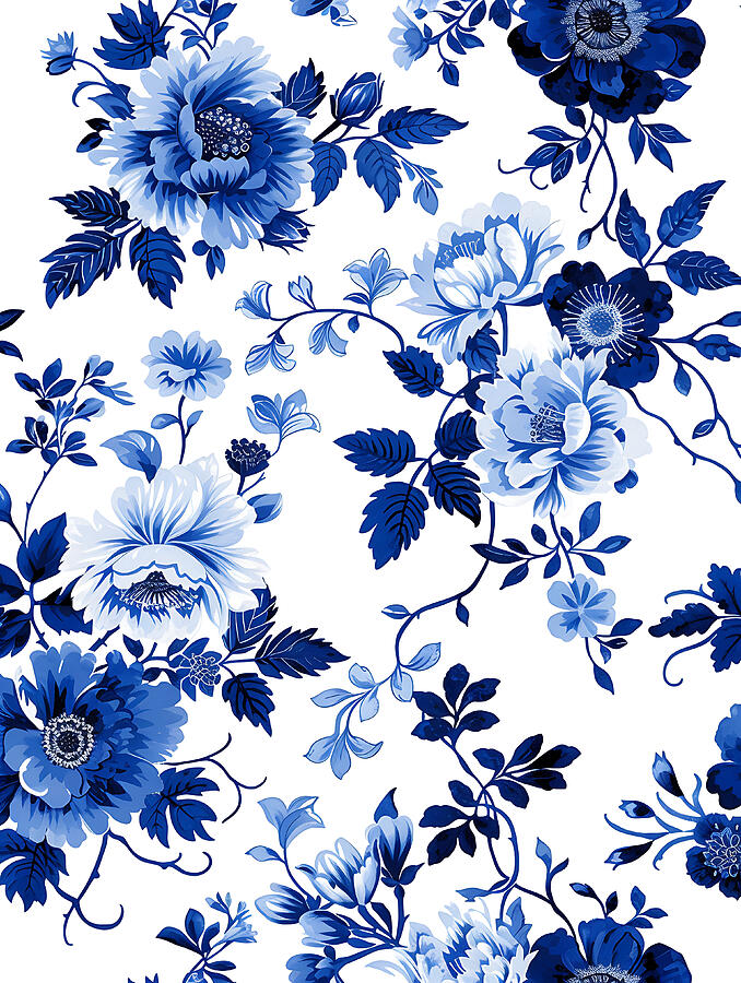 Fabric Digital Art - Blue And White Floral Pattern #15 by Benameur Benyahia