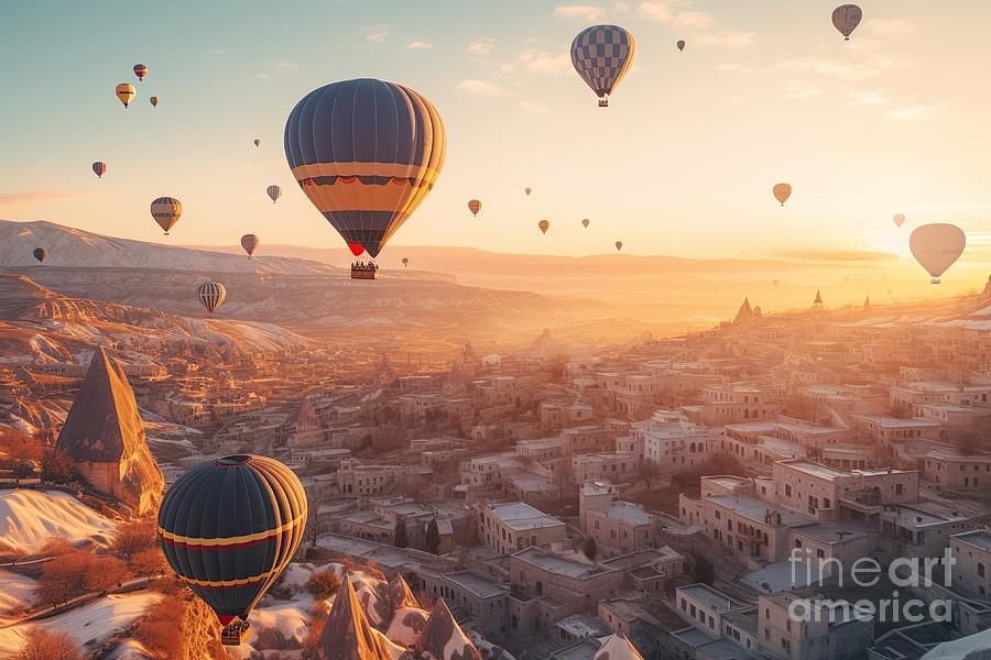 Cappadocia air balloons flying at sunset in Turkey #15 Digital Art by Benny Marty