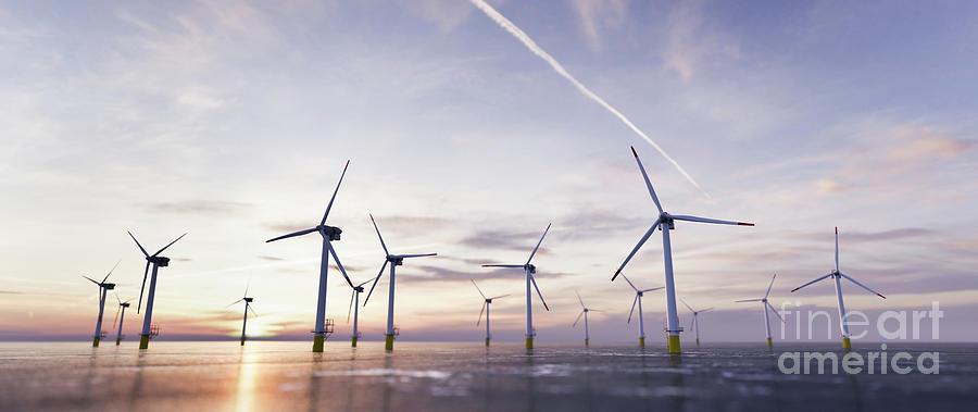 Offshore Wind Power And Energy Farm With Many Wind Turbines On The ...