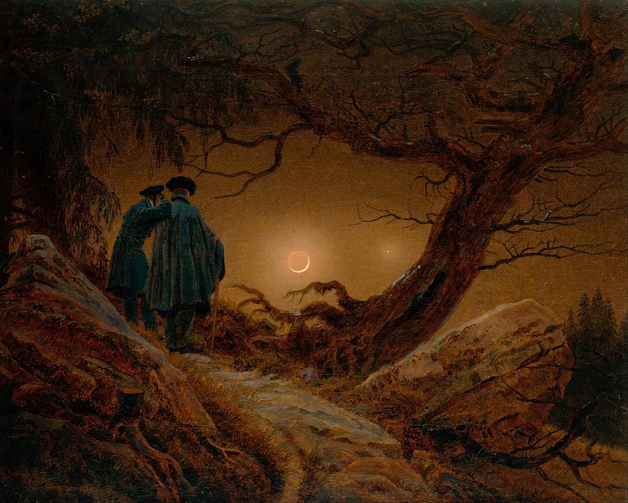 Two Men Contemplating the Moon Painting by Caspar David Friedrich ...