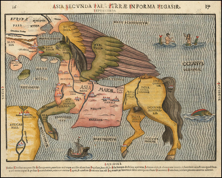 1580s Pictorial Map By Heinrich Bunting, Depicting Asia As Pegasus Painting