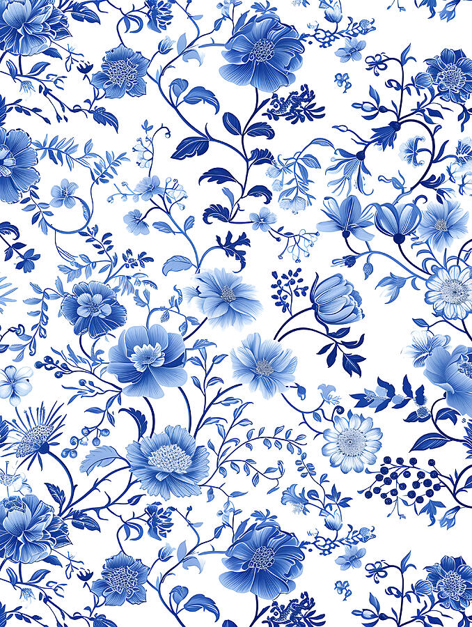 Pattern Digital Art - Blue And White Floral Pattern #16 by Benameur Benyahia