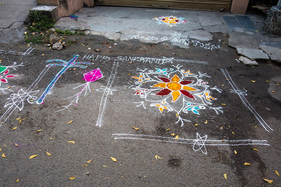 HYDERABAD, INDIA - JANUARY 12,2017 Decorative floral patterns known as Rangoli outside a home on Pongal festival in Hyderabad #16 Photograph by Sanjay Borra