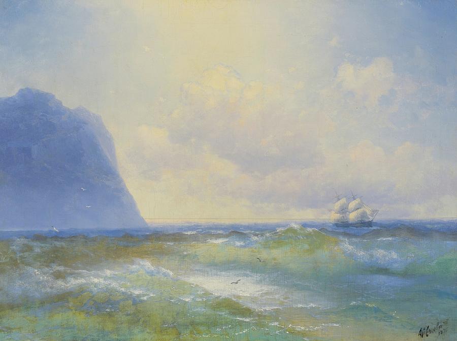 160404 Painting of Ocean Sunset, Ship at Sea, 1895 Painting by Ivan Konstantinovich Aivazovsky