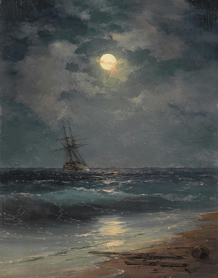 160405 Paintings of The Ocean at Night, Ship By Moonlight Painting by Ivan Konstantinovich Aivazovsky
