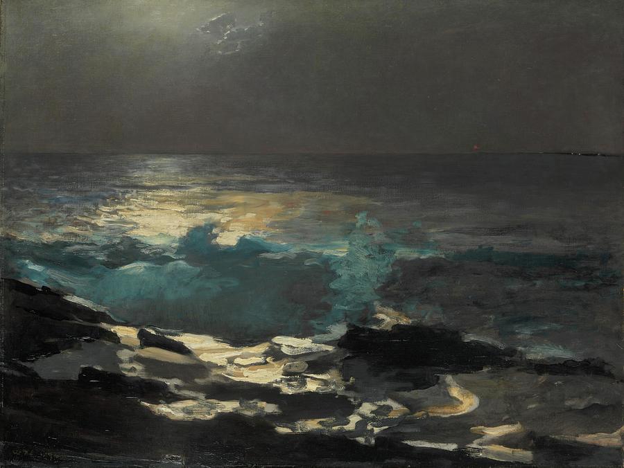 160807 Paintings of The Beach at Night, Moonlight, Wood Island Light, 1894 Painting by Winslow Homer