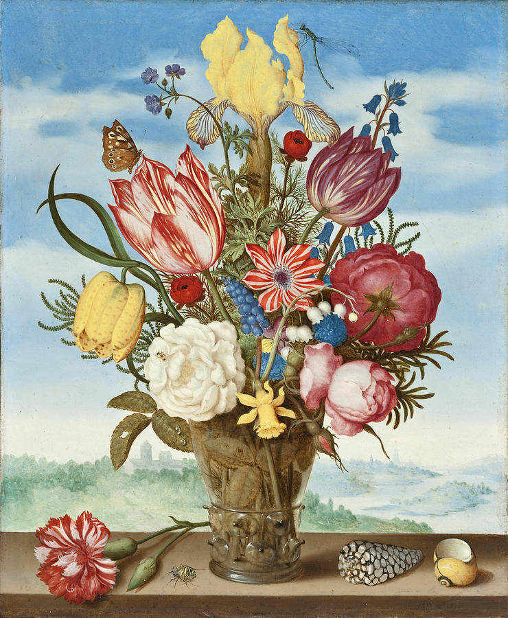Flower Painting - 16191620-Bouquet of Flowers on a Ledge by 19th Century
