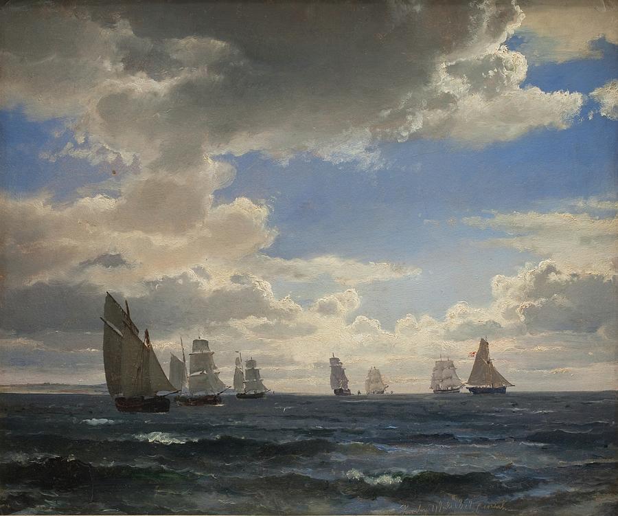 163002 Ocean Artwork, Sailing Ships In The Sound South of Kronborg Painting by Carl Frederik Aagaard