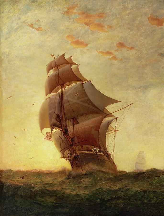 163006 Painting of Ocean Sunset, Ships at Sea, 1885 Painting by James Gale Tyler
