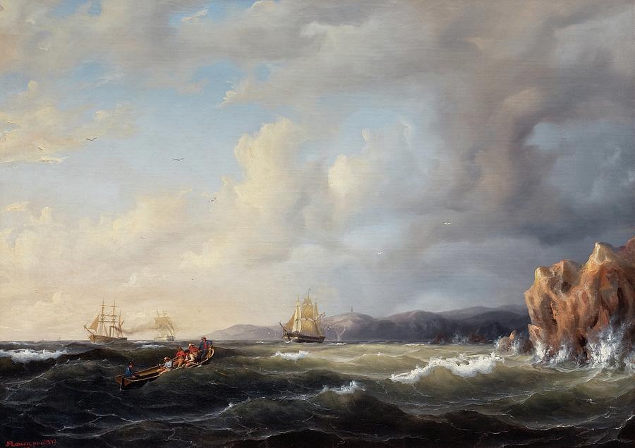 163007 Ocean Life Paintings, Bark Beating To Windward at Kullaberg, 1849 Painting by Simeon Marcus Larson