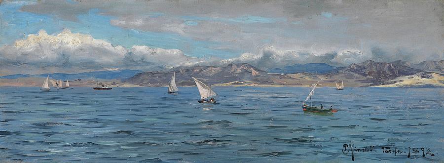 163009 Paint Ocean Blue, Sailing Ships at Gibraltar, 1892 Painting by Peder Mork Monsted