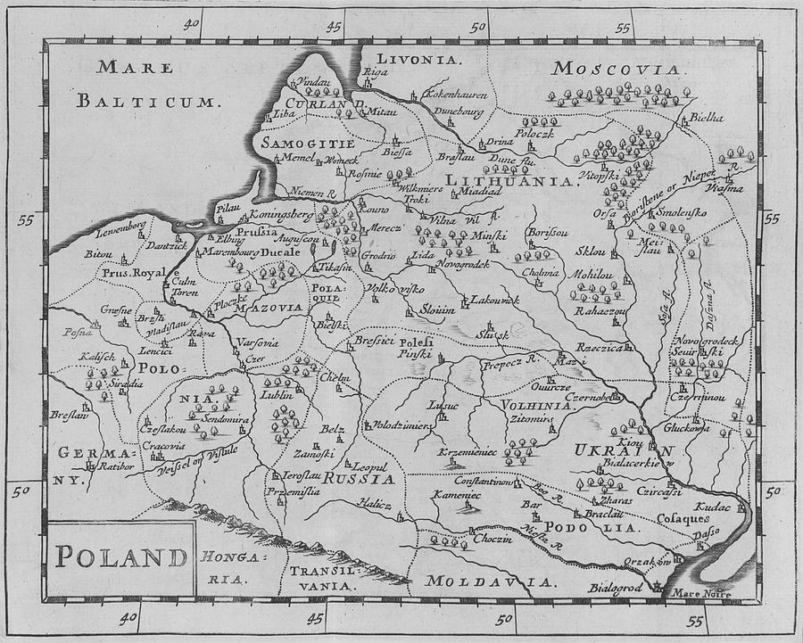 1681 Historical Map of Poland Black and White Photograph by Toby McGuire