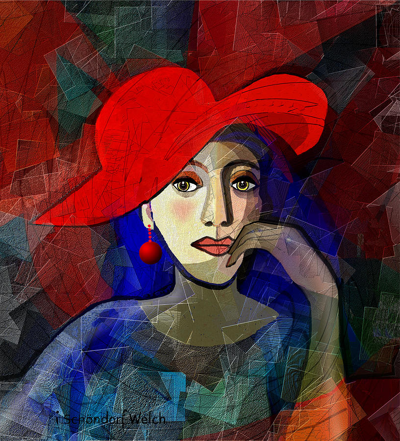 1689 - Lady with red earhanger and hat Digital Art by Irmgard Schoendorf Welch