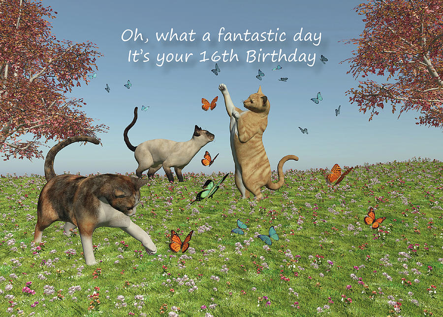 16th Birthday Fantastic Day with Cats and butterflies Digital Art by Jan Keteleer