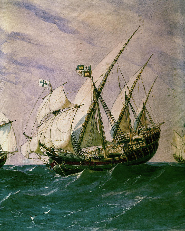 16th Century Caravel. Watercolour -48 x 67-. Madrid, naval museum. Painting by Rafael Monleon -1853-1900-