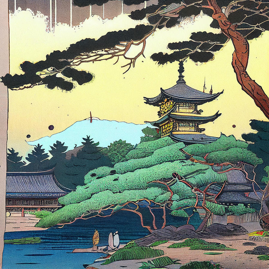 Fantasy Digital Art - Japanese  Landcape    intricate  zen  art  Ukiyo  e  ja  by Asar Studios #17 by Celestial Images
