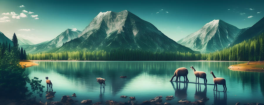 Landscape With Fantasy Animals, Generative Ai Illustration Digital Art