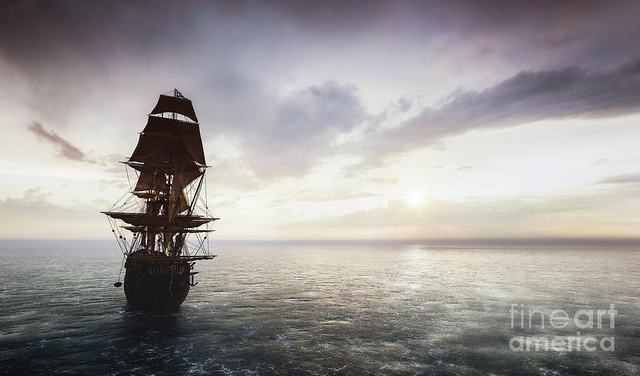 Pirate Ship Sailing On The Ocean At Sunset Photograph
