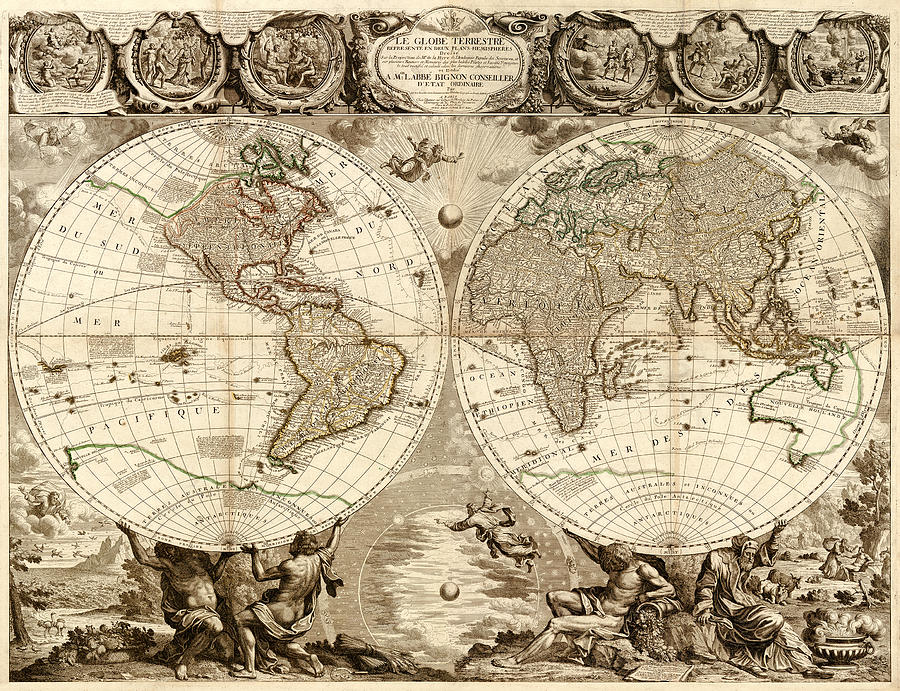 1708 Baptiste Old World Map Print - Antique Style Globe Terrestre Wall ...