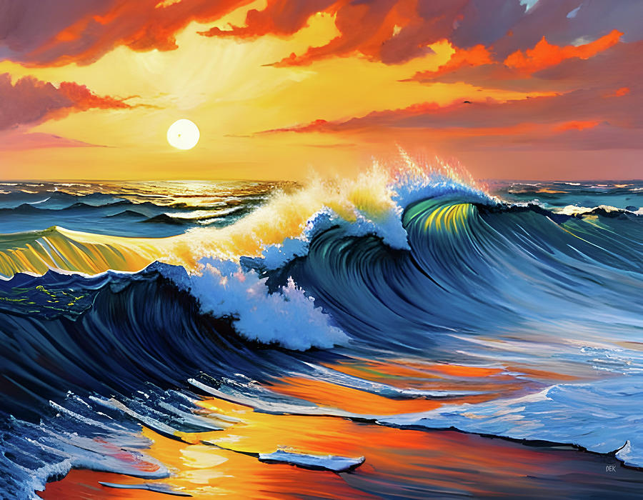 175-26-Oil Painting Visual representation of oceanic sunset waves oil painting- 3343 Mixed Media by Donald Keith