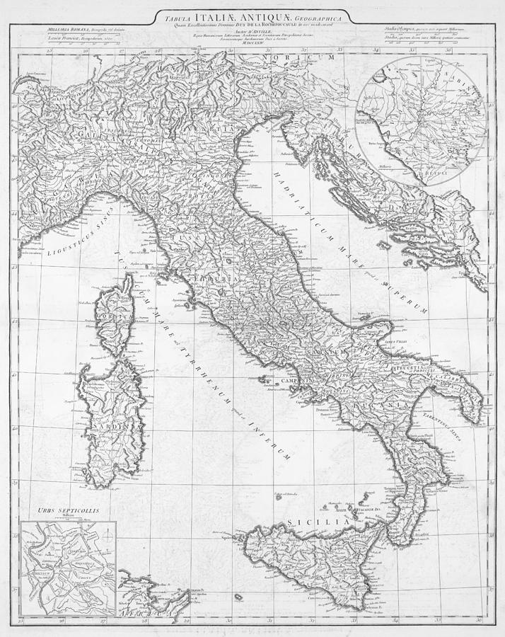 1764 historical map of Italy Black and White Photograph by Toby McGuire