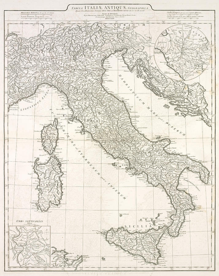 1764 historical map of Italy Sepia Photograph by Toby McGuire