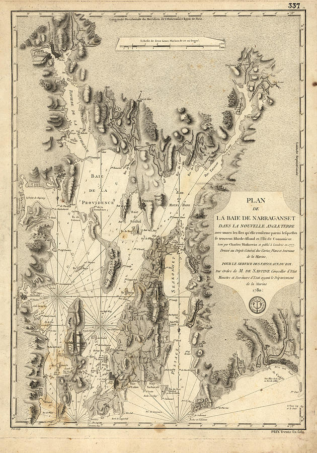 1780 French Nautical chart of Narragansett Bay in Rhode Island Digital Art by Nautical Chartworks