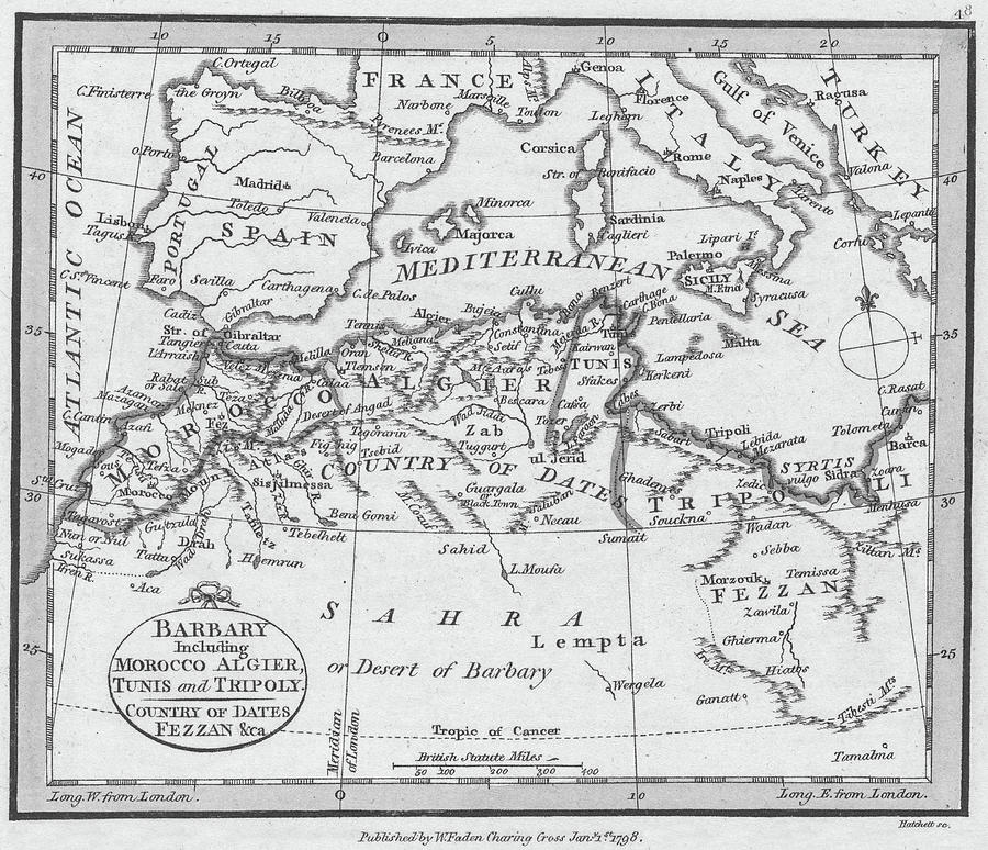 1798 Historical map of Barbary including Morocco, Tunis, Algiers and Tripoly Black and White Photograph by Toby McGuire