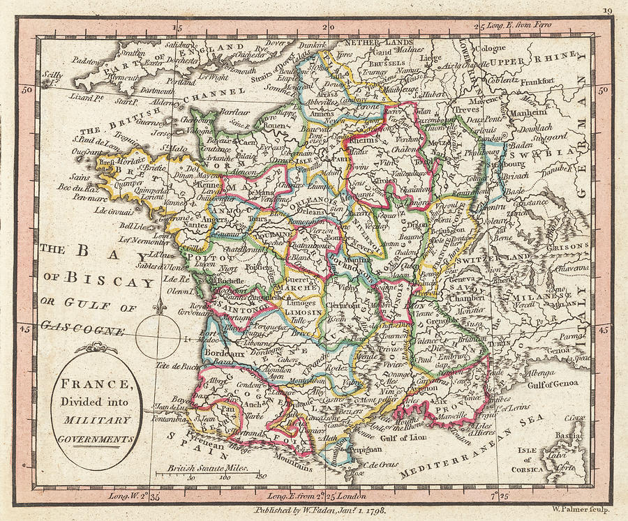 1798 Map France Divided into Military Governments in Color Photograph ...