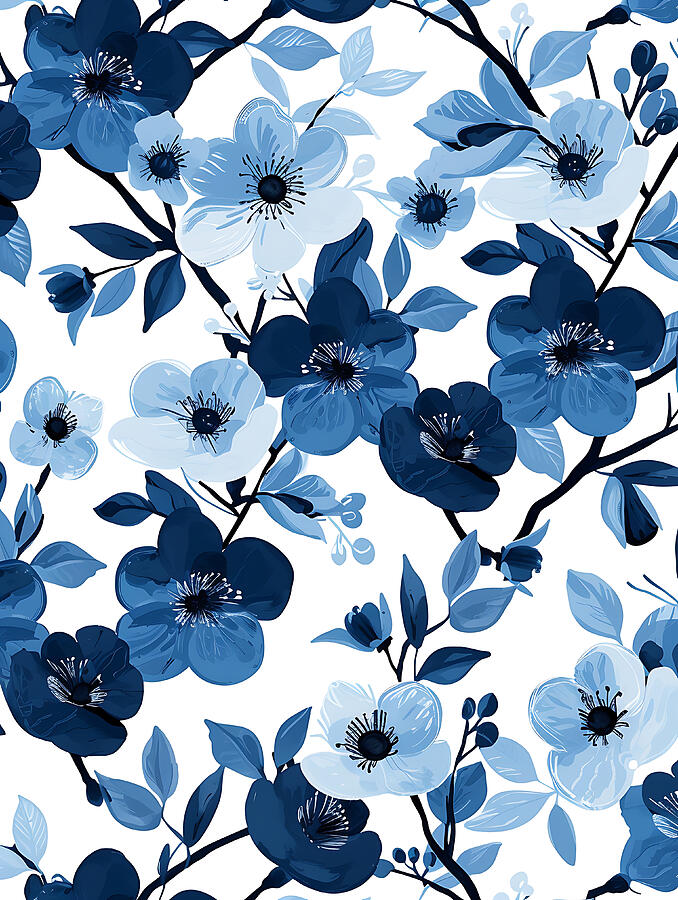 Blue Flowers Digital Art - Blue And White Floral Pattern #18 by Benameur Benyahia