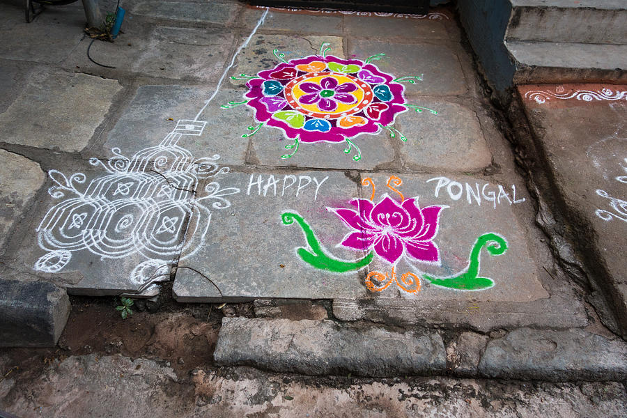 HYDERABAD, INDIA - JANUARY 12,2017 Decorative floral patterns known as Rangoli outside a home on Pongal festival in Hyderabad #18 Photograph by Sanjay Borra