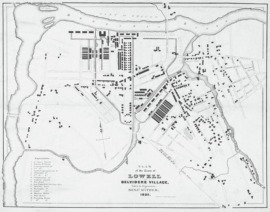 1832 Historical Map of Lowell Massachusetts Belvidere Village in Black and White Photograph by Toby McGuire