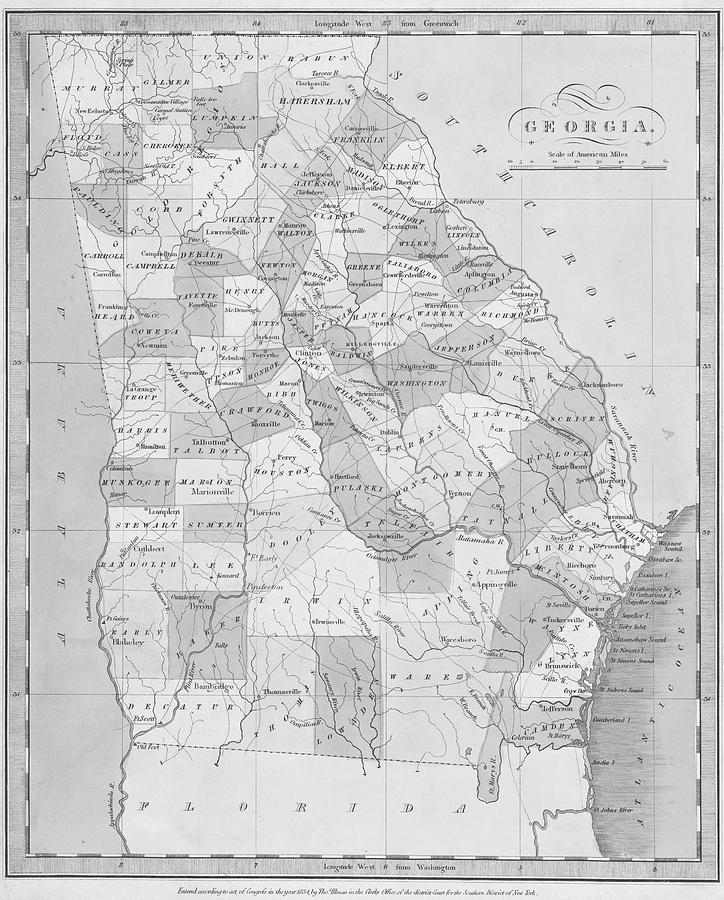 1834 Historical Map of Georgia United States in Black and White Photograph by Toby McGuire